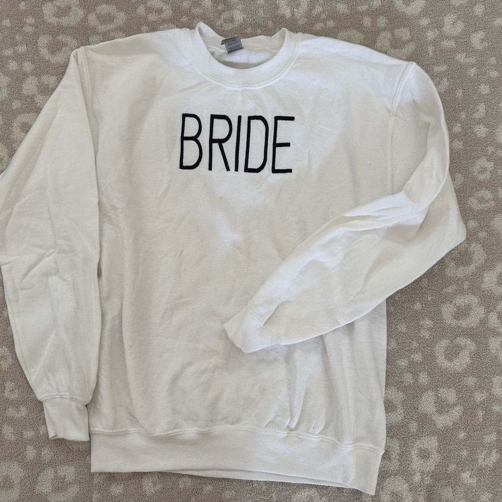 Gildan White Crew Neck Sweater with 'Bride' Print